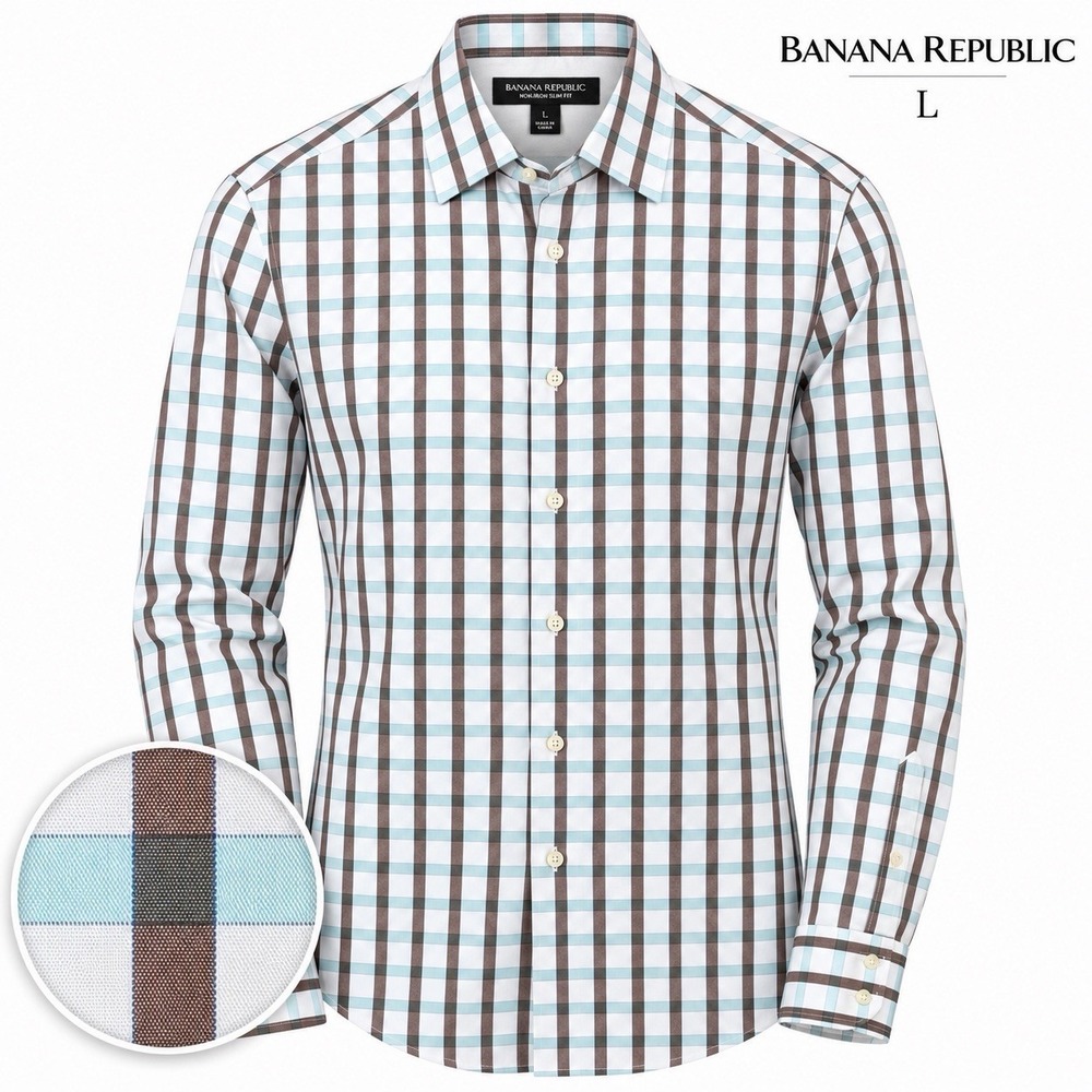 Banana Republic Men's L Non Iron Slim Fit Plaid Dress Shirt Blue Brown Cotton